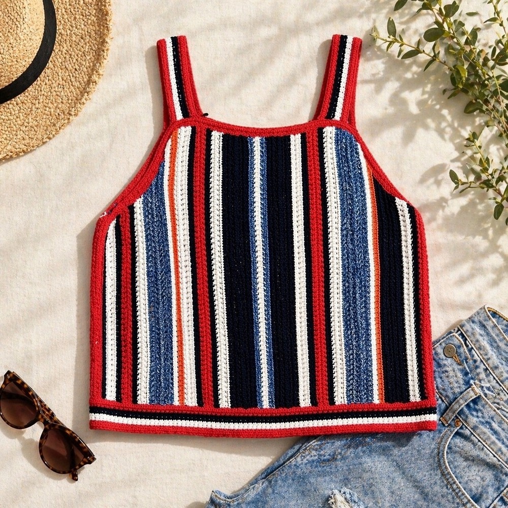 Gap Crochet Knit Tank Top Red White Blue Striped Cotton Camisole XXL 4th of July